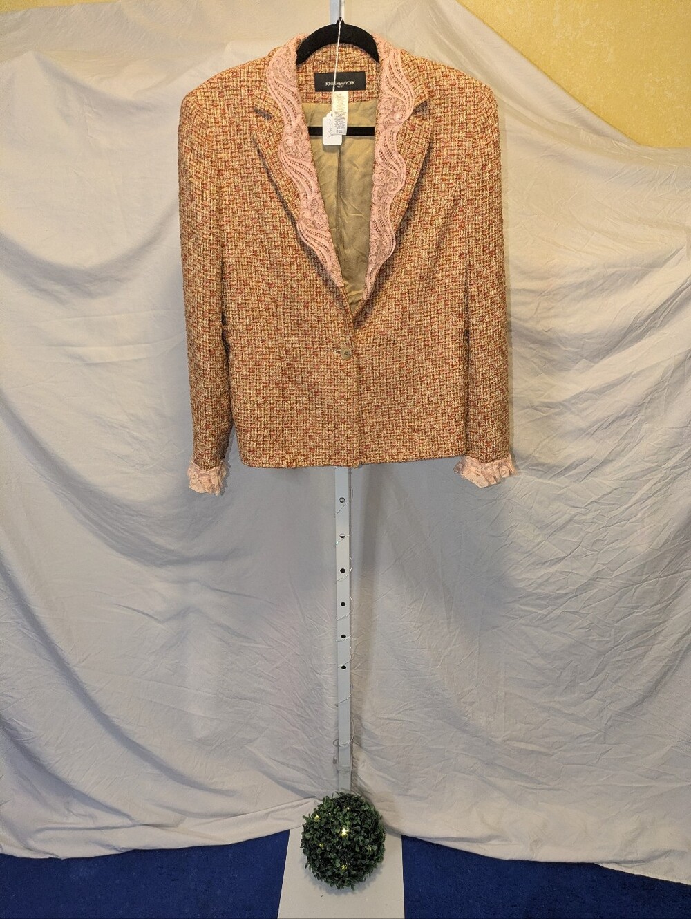 Jones New York Petite Tweed Lace Trim Blazer Jacket Orange Pink Gold Size 8P